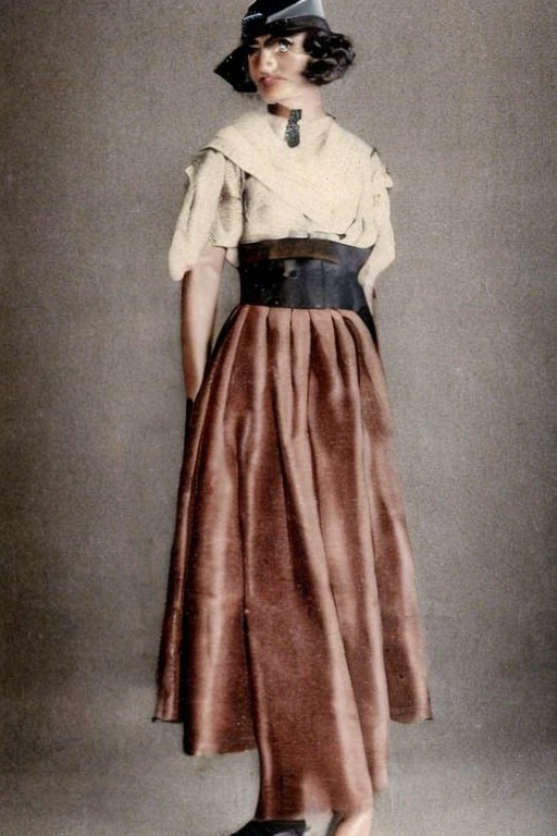 Female, 1920s brown skirt, tan jacket, red scarf, dress, 5 foot 5 inches tall, slim body build, waist-length wavy brunette black hair, EYES bright green, 28 age, ethnicity Indian, ethnicity Middle Eastern.