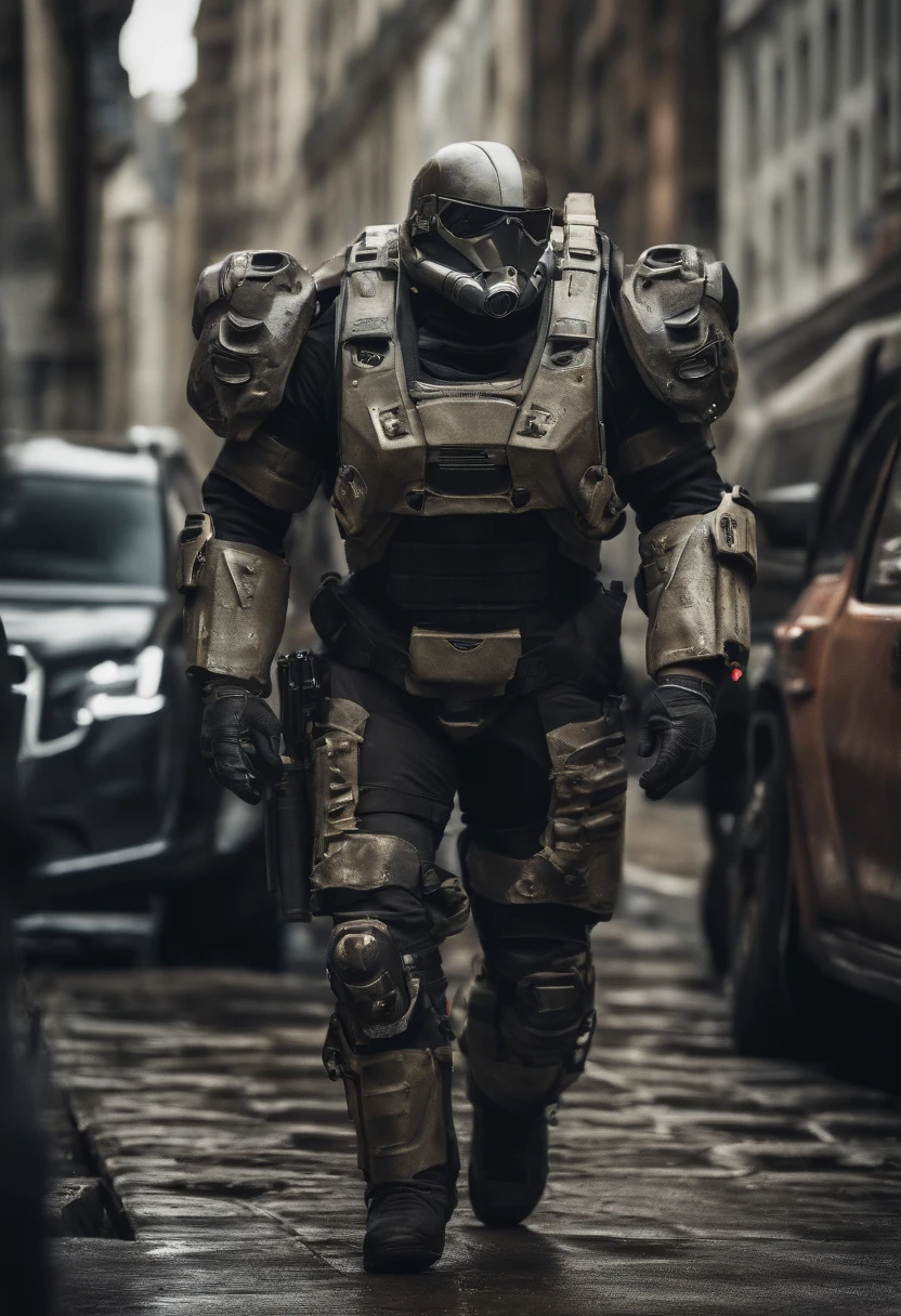 ((Masterpiece, ultra detailed, best quality, HDR, UHD, Sharp focus, hyper realistic, photorealistic, like a photo, RAW Photo))1 man, Lost in life, a muscular cyborg man in cyberpunk city, after dooms day, on the streets