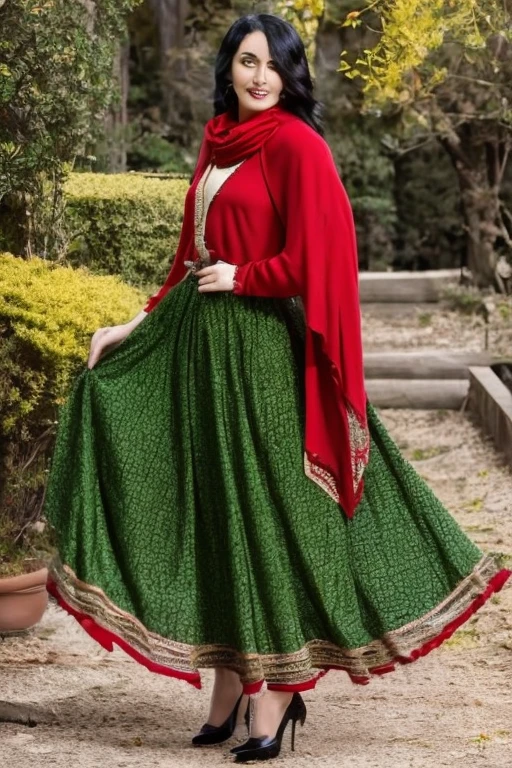 Female, 1920s brown skirt, tan jacket, red scarf, dress, 5 foot 5 inches tall, slim body build, waist-length wavy brunette black hair, EYES bright green, 28 age, ethnicity Indian, ethnicity Middle Eastern.