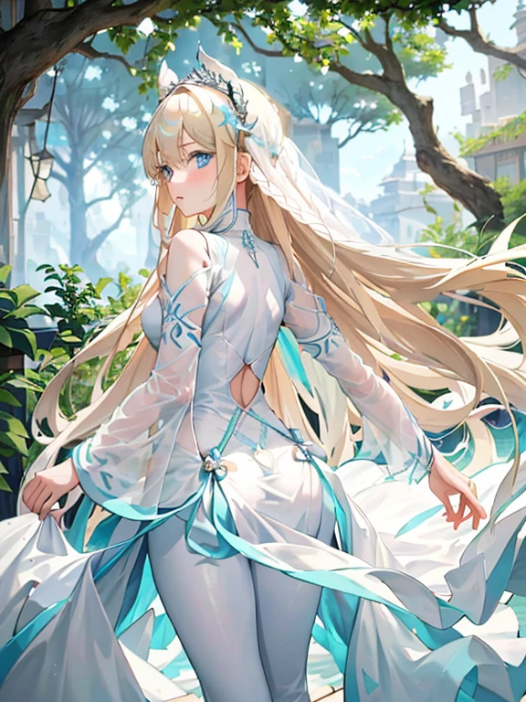 (Rear view of a delicate girl with long blonde hair and light blue eyes),Close-up,she is wearing white tight clothes,angle from below,((she is walking in front of a very huge tree))morning view,There's a mysterious light above her head, her are small,extremely detailed,masterpiece