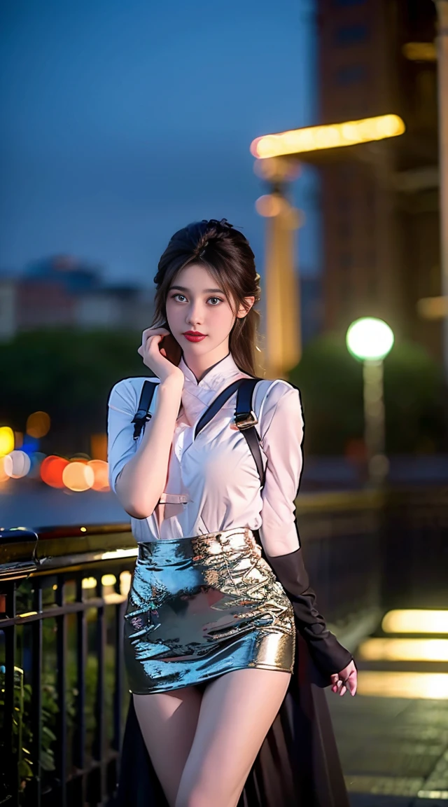 best quality, masterpiece, 1 girl, beautiful face, (photo photo:1.3), edge lighting, (high detail skin:1.2), 8k ultra hd, dslr camera, high quality, high resolution, 4k, 8k, bokeh, ridiculous, best ratio four fingers and one thumb, (realistic:1.3), cute 1girl, wearing black suspenders, medium breasts, short skirt,