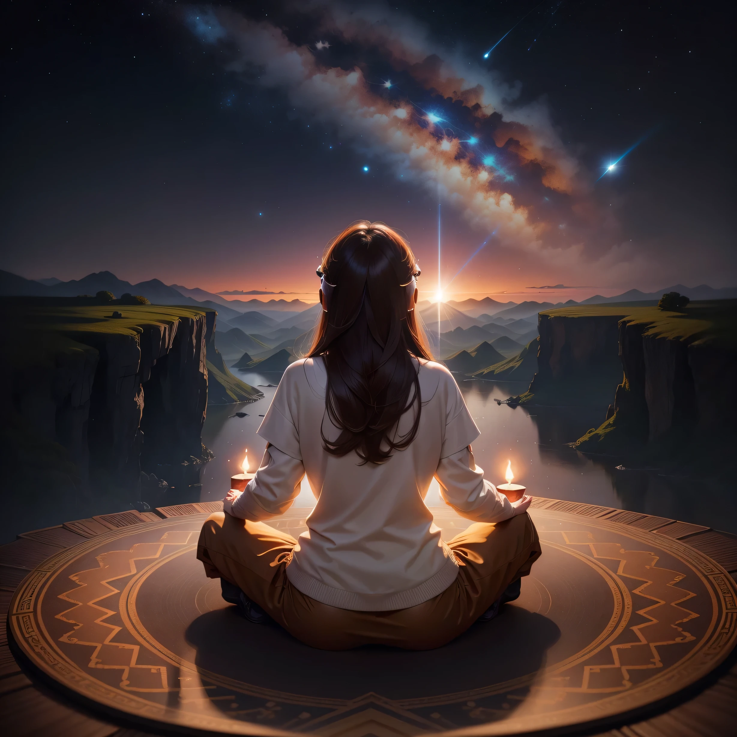 creative avatar, High-definition images, 4K 33 year old adult female, modern oriental practitioners, dark brown hair, space stars々meditate below.Wisdom awakens the practitioner,spiritual light poured down