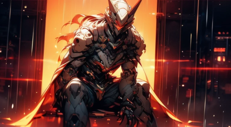 A mech girl, Silver-white long hair and ponytail reaching waist, The eyes glow red, Wearing a black and red sexy mecha suit, The red tattered cloak swayed in the wind, A broad sword dyed yellow with a red light effect, night, rain, Sitting on a chariot, lifelike, best picture quality, Highest clarity and sharpness, The original, Surrealism, high detail, Futurism, action, chiaroscuro, Ray tracing, motion blur, denim lenses, 战斗action图, layered, Holographic display, cyberpunk style