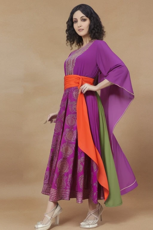 Female, purple, orange, pink, 1920s brown skirt, tan jacket, red scarf, dress, 5 foot 5 inches tall, slim body build, waist-length wavy brunette black hair, EYES bright green, 28 age, ethnicity Indian, ethnicity Middle Eastern.