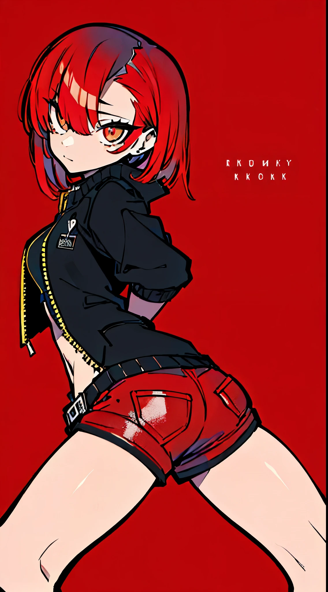 (masterpiece, highest quality:1.6), alone, thick outline, (simple background, Dark red background, monochrome, Dark red theme:1.2), official art, Key Visual, 8K, disorganized, whole body, (Unique hair, Punks jacket, hot pants, arch back, short torso:1.2), belly button, thighs, cowboy shot, HDR, sharp focus, High resolution, most detailed, very detailed, Super detailed, finely, detailed eyes and face, sharp pupils, realistic student