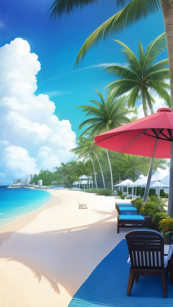 Ultra-detailed wide-angle camera captures the picturesque resort area, (vibrant colors: 1.4), bustling with activity and natural beauty. Sunbathers relax on the golden sandy beaches, (beach towel: 0.6), their silhouettes contrasting against the clear blue waters. Palm trees sway gently in the soft breeze, their leaves casting intricate patterns on the white sand.

In the distance, a string of luxurious resorts line the coastline, their modern architecture blending harmoniously with the lush greenery. (Modern resort: 1.5), open-air restaurants, (pool area: 0.8), and wellness