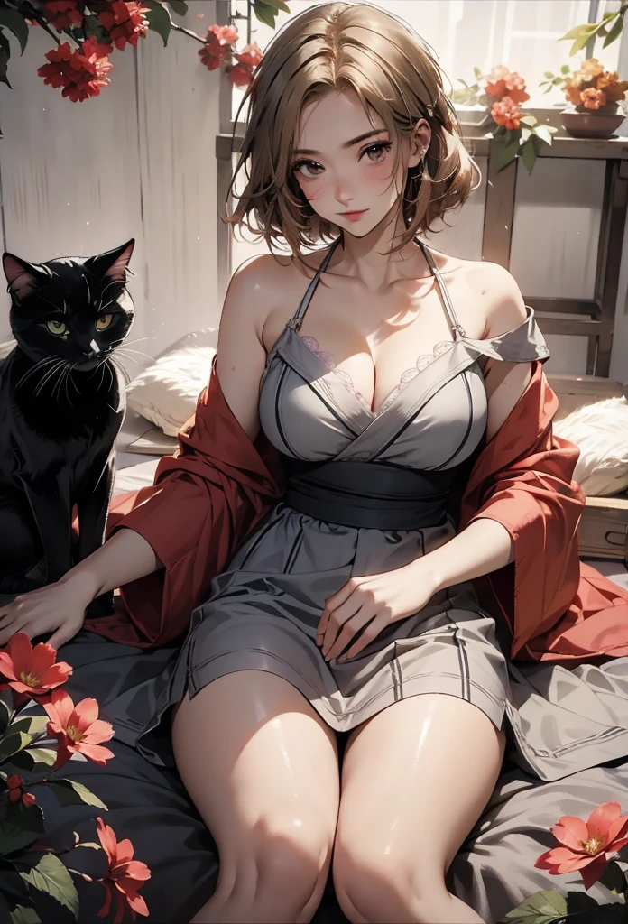 (8k、realism、original photography、top quality: 1.3)、(1 girl in)、Super beautiful、(Serious)、(childish、Natural color berry shorthair cat)、pink、mini skirt,lace,Entice your audience、beautiful expression、big deal 、valentine'the opinion of、(real skin)、beautiful smile、(Soldier)、Tempting、ultra high resolution、超realism、high detail、On flowers