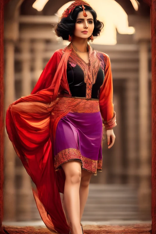 Female, purple, orange, pink, 1920s brown skirt, tan jacket, red scarf, dress, 5 foot 5 inches tall, slim body build, waist-length wavy brunette black hair, EYES bright green, 28 age, ethnicity Indian, ethnicity Middle Eastern.