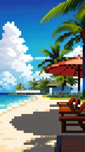 Ultra-detailed wide-angle camera captures the picturesque resort area, (vibrant colors: 1.4), bustling with activity and natural beauty. Sunbathers relax on the golden sandy beaches, (beach towel: 0.6), their silhouettes contrasting against the clear blue waters. Palm trees sway gently in the soft breeze, their leaves casting intricate patterns on the white sand.

In the distance, a string of luxurious resorts line the coastline, their modern architecture blending harmoniously with the lush greenery. (Modern resort: 1.5), open-air restaurants, (pool area: 0.8), and wellness