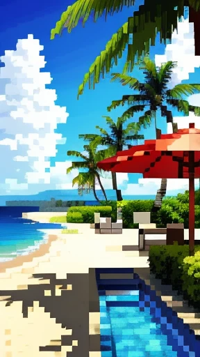 Ultra-detailed wide-angle camera captures the picturesque resort area, (vibrant colors: 1.4), bustling with activity and natural beauty. Sunbathers relax on the golden sandy beaches, (beach towel: 0.6), their silhouettes contrasting against the clear blue waters. Palm trees sway gently in the soft breeze, their leaves casting intricate patterns on the white sand.
In the distance, a string of luxurious resorts line the coastline, their modern architecture blending harmoniously with the lush greenery. (Modern resort: 1.5), open-air restaurants, (pool area: 0.8), and wellness