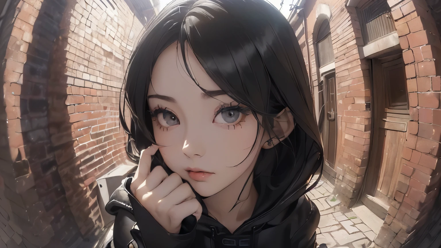 (((Highly detailed CG unit 8k wallpaper:1.2, masterpiece, High resolution:1.2, highest quality:1.2, table top))), ((very beautiful woman, Street fashion:1.5, Wearing a hooded jacket:1.3, wearing boots:1.3, put one's hand in one's pocket:1.8)), ((highly detailed face, Highly detailed black eyes, extra detailed body, highest qualityのリアルテクスチャスキン)), (black haired:1.2, straight hair:1.2, long haired person, white skin), ((Alley without people, Mileland, surrounded by a brick wall:1.2)), (high angle:1.2, Close-up, Fisheye:1.4), surreal, digital paint,