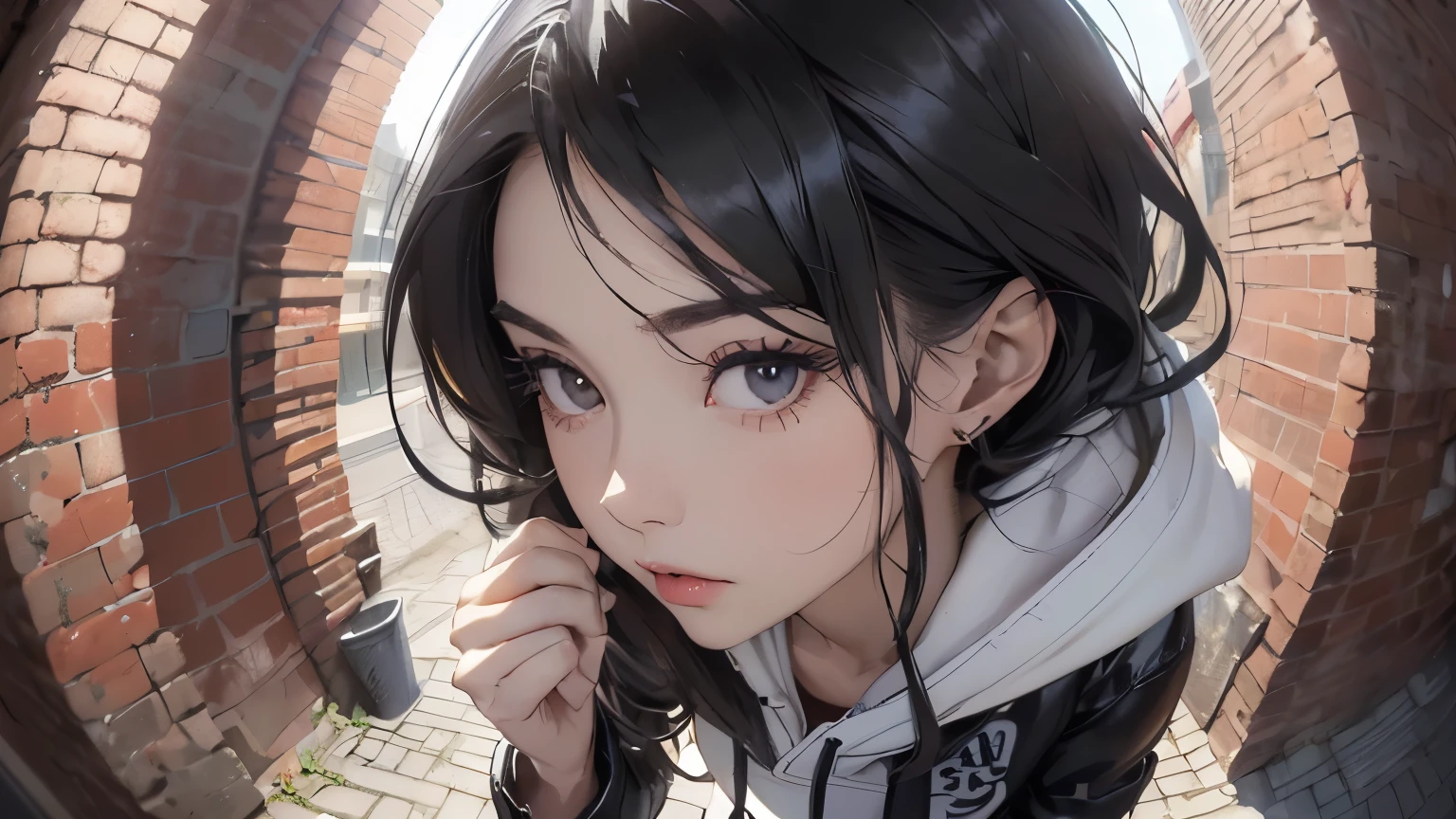 (((Highly detailed CG unit 8k wallpaper:1.2, masterpiece, High resolution:1.2, highest quality:1.2, table top))), ((very beautiful woman, Street fashion:1.5, Wearing a hooded jacket:1.3, wearing boots:1.3, put one's hand in one's pocket:1.8)), ((highly detailed face, Highly detailed black eyes, extra detailed body, highest qualityのリアルテクスチャスキン)), (black haired:1.2, straight hair:1.2, long haired person, white skin), ((Alley without people, Mileland, surrounded by a brick wall:1.2)), (high angle:1.2, Close-up, Fisheye:1.4), surreal, digital paint,
