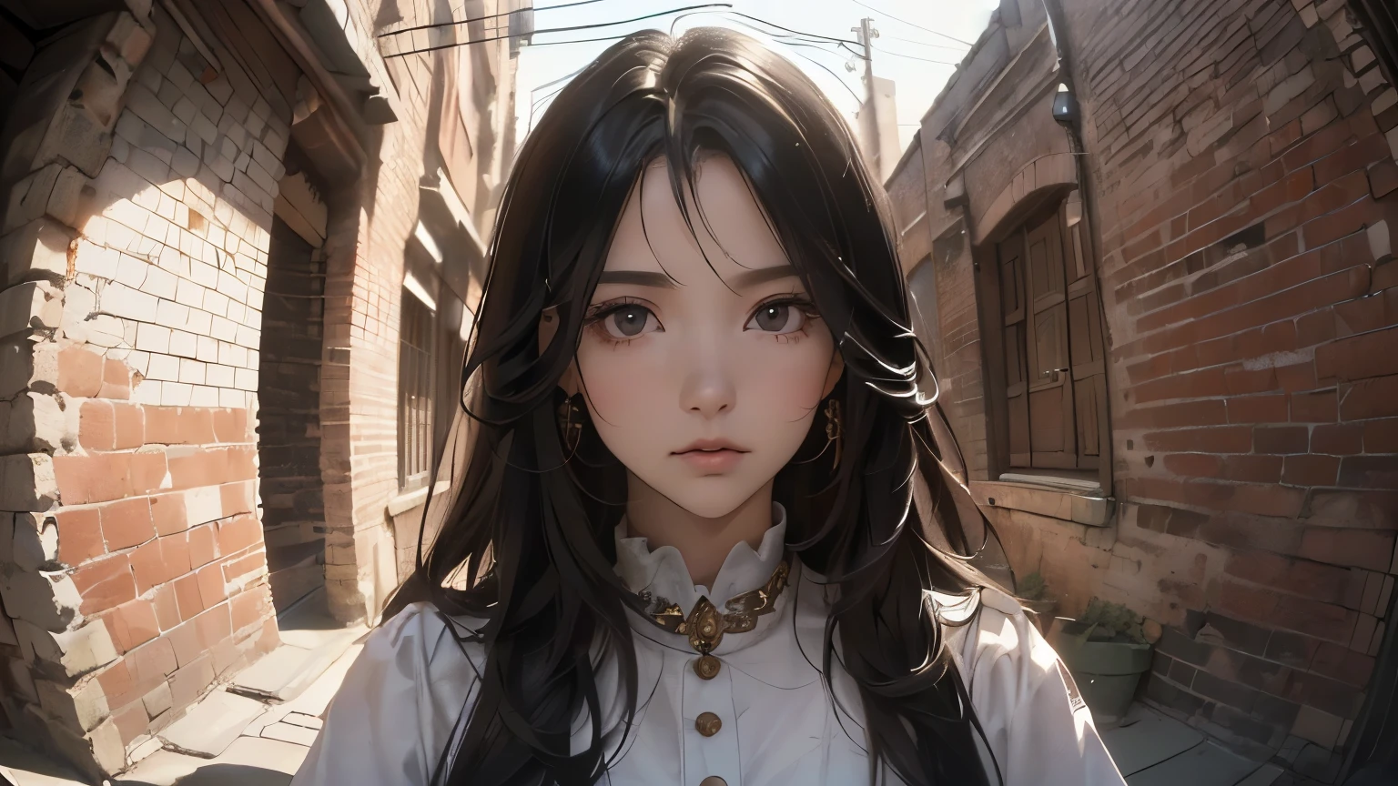 (((Highly detailed CG unit 8k wallpaper:1.2, masterpiece, High resolution:1.2, highest quality:1.2, table top))), ((very beautiful woman, Street fashion:1.5)), ((highly detailed face, Highly detailed black eyes, extra detailed body, highest qualityのリアルテクスチャスキン)), (black haired:1.2, straight hair:1.2, long haired person, white skin), ((Alley without people, Mileland, surrounded by a brick wall:1.2)), (high angle:1.2, Close-up, Fisheye:1.4), surreal, digital paint,