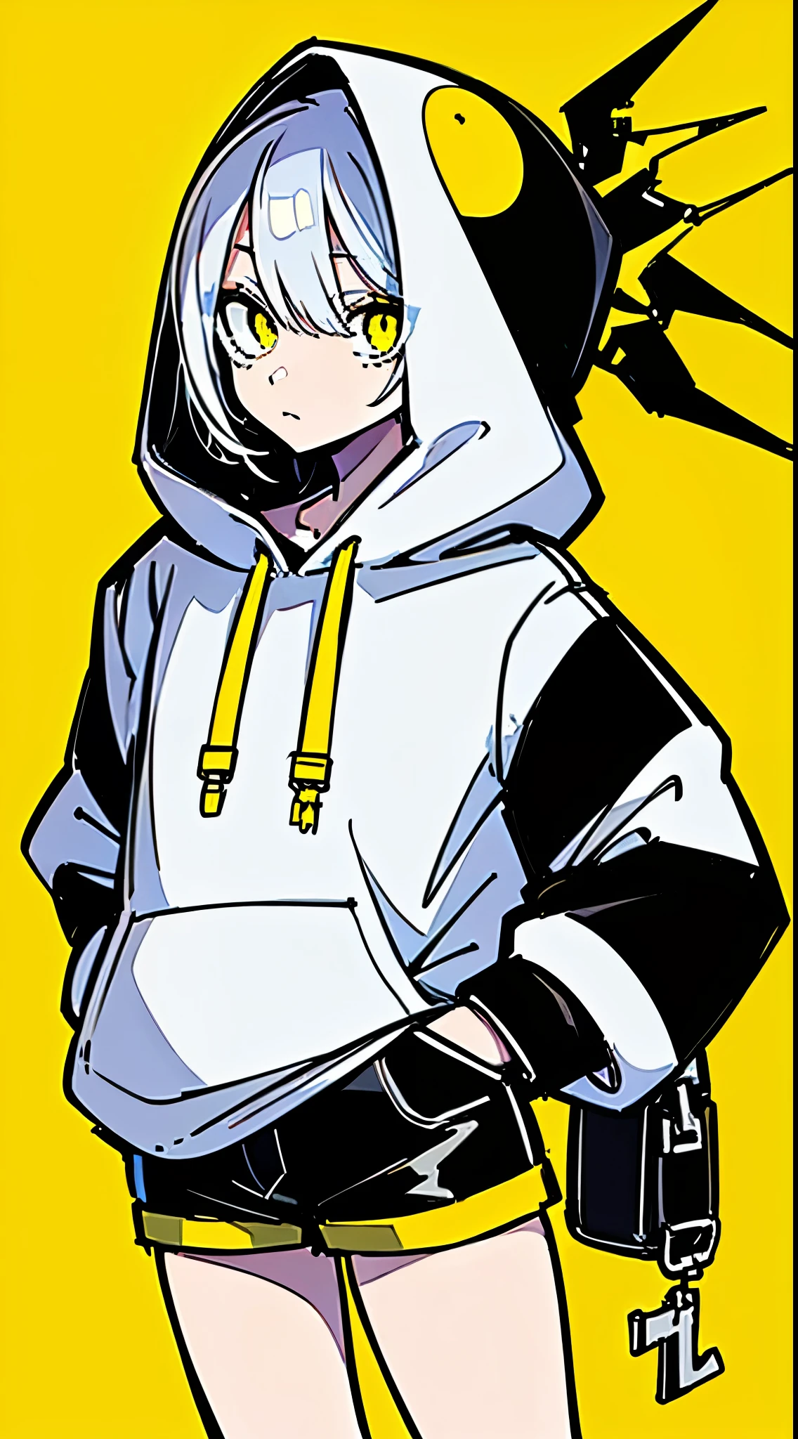 (masterpiece, highest quality:1.6), alone, thick outline, (simple background, Dark yellow background, monochrome, dark yellow theme:1.2), official art, Key Visual, 8K, disorganized, whole body, (Unique hair, Oversized Hoodies, hot pants, arch back, short torso:1.2), belly button, thighs, cowboy shot, HDR, sharp focus, High resolution, most detailed, very detailed, Super detailed, finely, detailed eyes and face, sharp pupils, realistic student