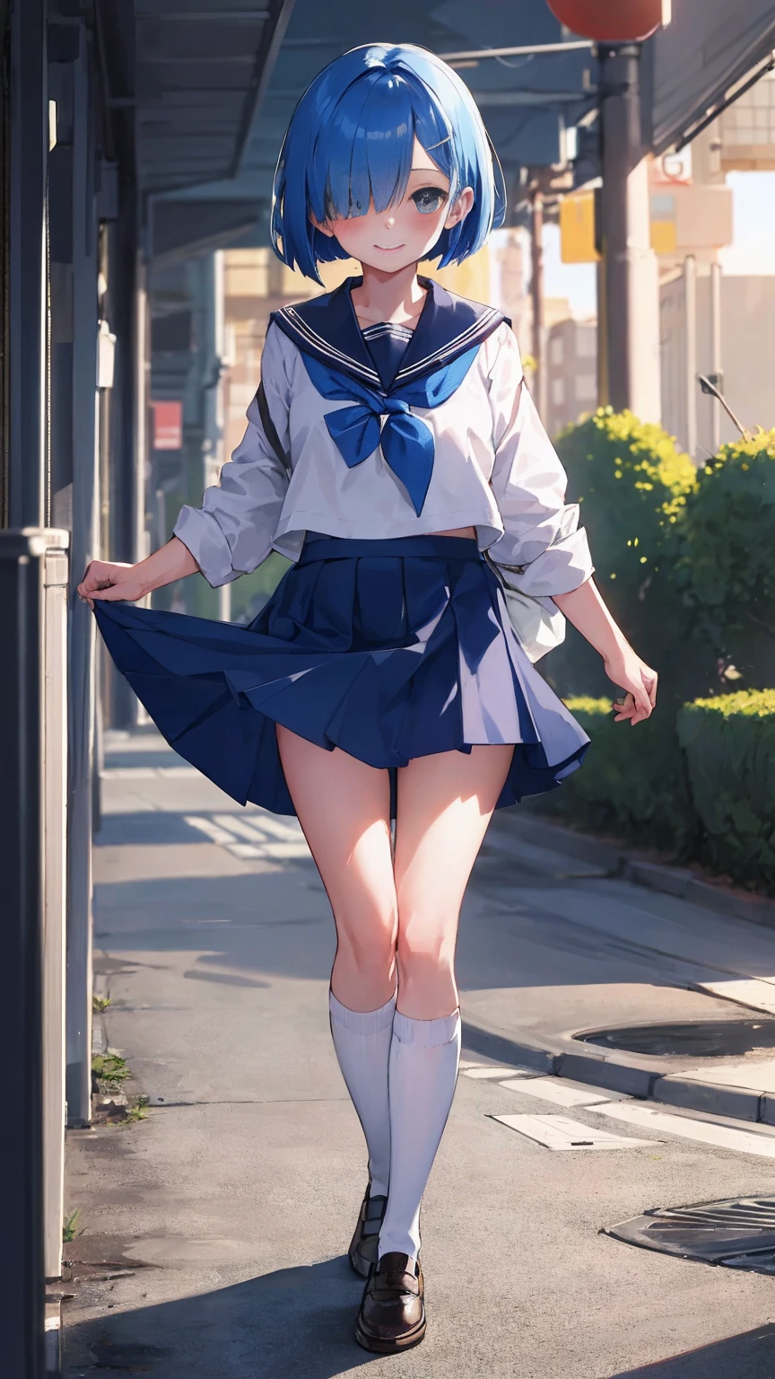 blue hair, Againm \(Again:zero\), [smile], blush, city,, masterpiece, highest quality, perfect lighting, 1 girl, skirt, medium bAgainasts,school uniform，sailor suit，bob cut，bob hair，hair above one eye、hair accessories、