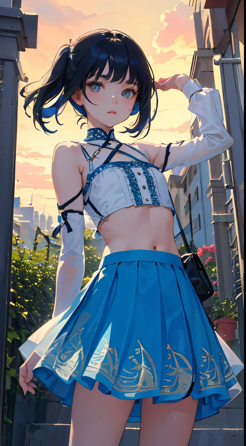 (short cute girl,small young student,young delicate girl),(masterpiece,Top quality)、Crop Top Look,patterned light blue skirt,skirt lift,Pinching skirts,long black hair,garden