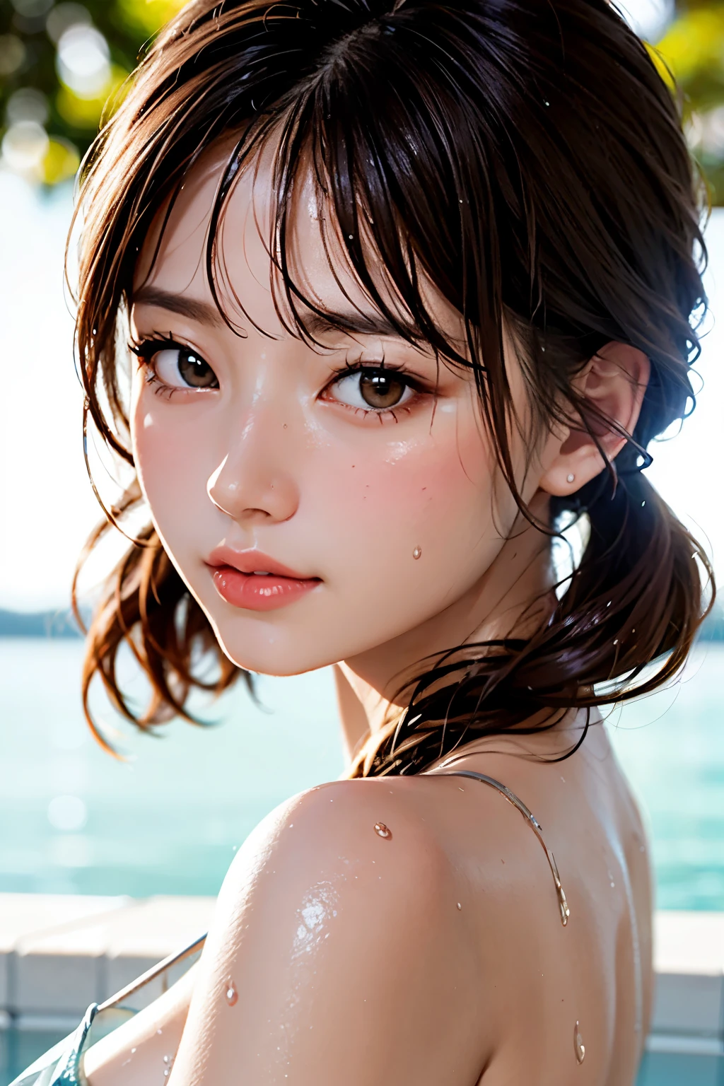 white skin,symmetrical,High detail RAW color photo professional close photograph, (highly detail face: 1.2), twintails, half body, pore, real human skin, a portrait of a 18yo woman bathing in ocean,body contact water and ripple around, reeds,clear and clean water, shiny eyes,looking at viewer, wearing doctor uniforms, see-through , wet body, wet hair, tindal effect,lens flare,shade, bloom, backlighting, depth of field, natural lighting, hard focus, film grain, photographed with a Sony a9 II Mirrorless Camera, by Laurence Demais, (pureerosface_v1:0.4), (ulzzang-6500:0.4), 