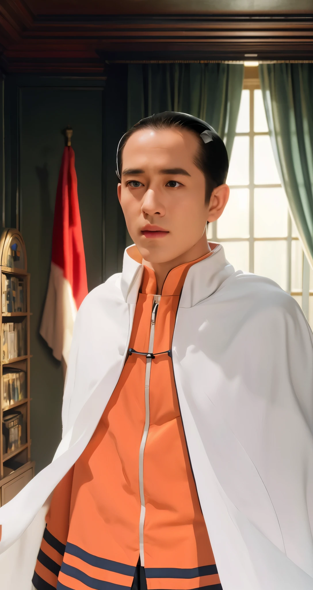 Real life adaption of this character, man,wear realistic same outfit, wear realistic same white cloak with white collar, realistic same background,realism, hyper realistic, realistic light, realistic shadow,(photorealistic 1:2)