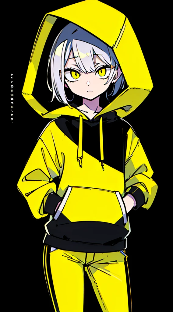 (masterpiece, highest quality:1.6), alone, thick outline, (simple background, Dark yellow background, monochrome, dark yellow theme:1.2), official art, Key Visual, 8K, disorganized, whole body, (Unique hair, Black oversized hoodie, The hoodie has black text on it., Yellow hot pants, arch back, short torso:1.2), belly button, thighs, cowboy shot, HDR, sharp focus, High resolution, most detailed, very detailed, Super detailed, finely, detailed eyes and face, sharp pupils, realistic student