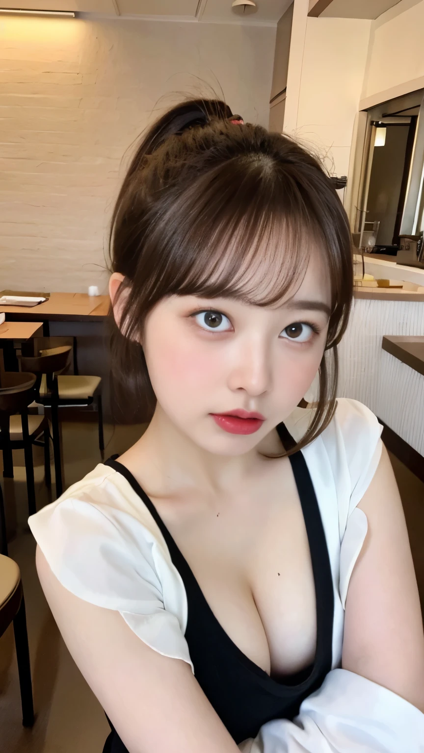 Japanese, ((highest quality, 8K, masterpiece :1.3)),(dark brown hair, ponytail:1.1) 、high school student、super detailed face, fine eyes, double eyelid、cute、((big breasts:1.1))、((ahegao:1.1))、dim lighting、private server、clothed、Cafe