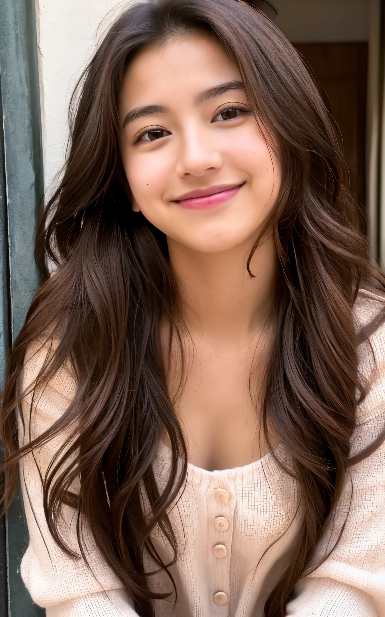 1 mexican girl, Long Wavy Hair, dark brown eyes, teen, nude, smiling