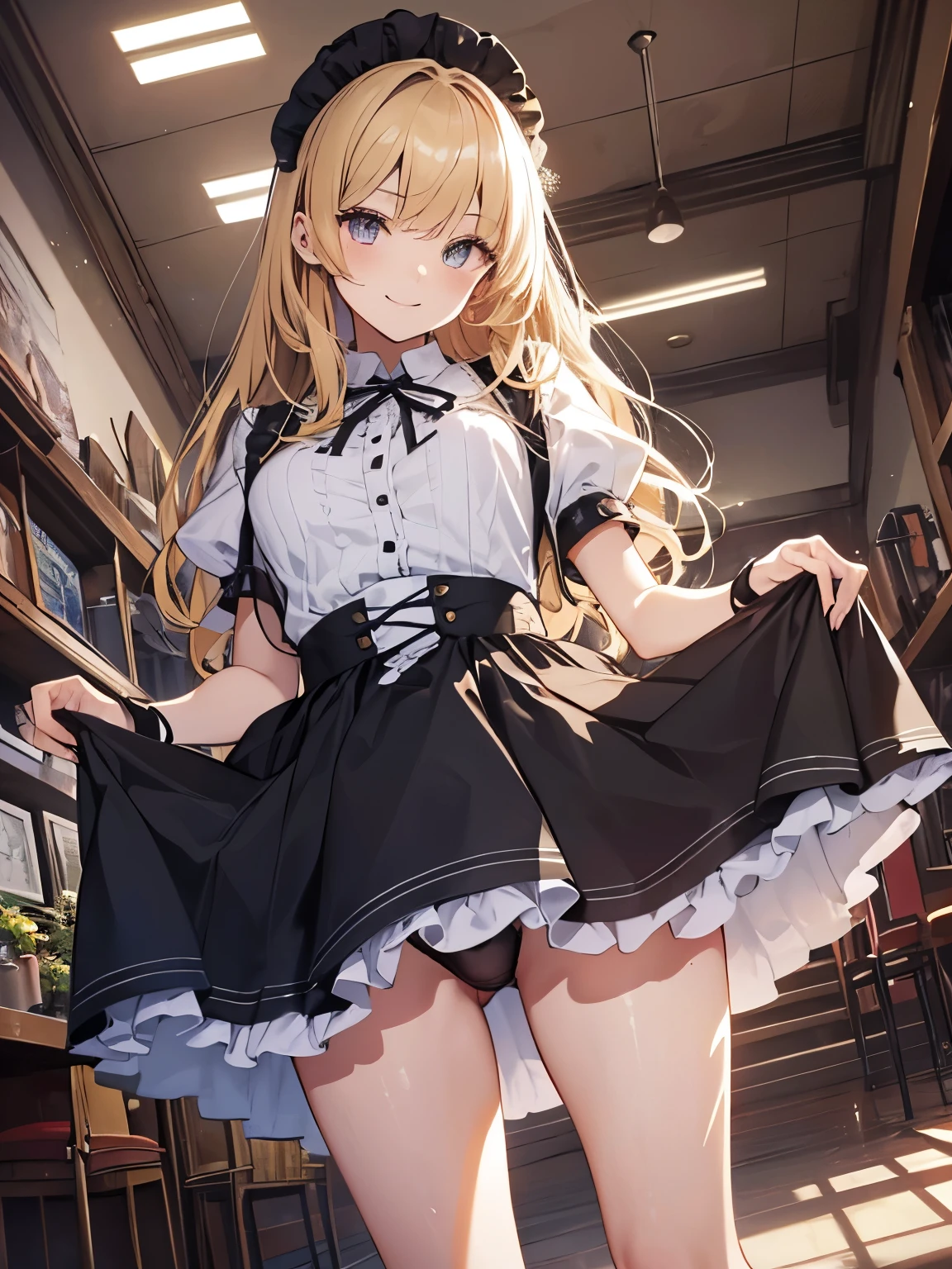 (official art、highest quality、Unity 8k wallpaper、32K、masterpiece、super detailed、超high resolution、realistic、Photoreal:1.2)、(cinematic lighting:1.2)、fire glow effect、film grain、best shadows、rim lighting、side light、(Super detailed and complex 3D rendering)、Background like Makoto Shinkai、detailed beautiful face and eyes、(Beautiful and sharp pupils)、masterpiece, high resolution、highest quality, ultla highres, maximum resolution, very detailed, professional lighting, beautiful skin, 28 year old woman、very pretty、Brooklyn、Inside the cafe、sofa、waitress、Maid clothes、work at a cafe、Maid clothes、skirt、dress lift、(panties:1.3)、shoes下、shoes、bright hair color、blonde、bangs、dull bangs、(((squint your eyes、Smile a little、ridicule、naughty face)))、The girl is looking to the side、Wide angle、angle from below、(((Precise human body structure、Correct and accurate number of limbs、Correct and accurate number of fingers)))