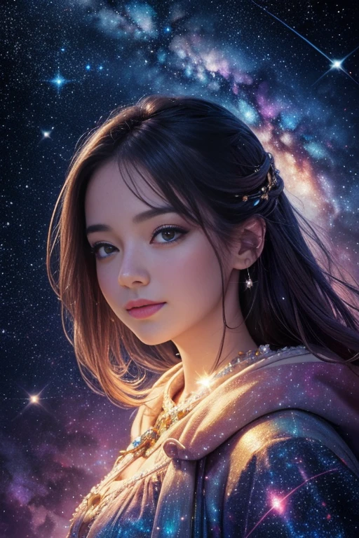 High detail, super detail, super high resolution, girl enjoying her time in the dream galaxy, surrounded by stars, warm light sprinkled on her, background is starry sky with colorful galaxies and galaxy clouds, stars flying around her, delicate face, adding playful atmosphere ,