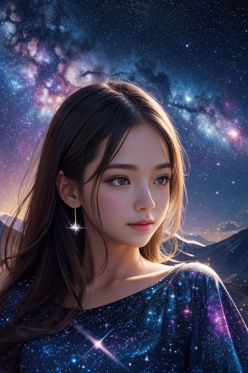 High detail, super detail, super high resolution, girl enjoying her time in the dream galaxy, surrounded by stars, warm light sprinkled on her, background is starry sky with colorful galaxies and galaxy clouds, stars flying around her, delicate face, adding playful atmosphere ,