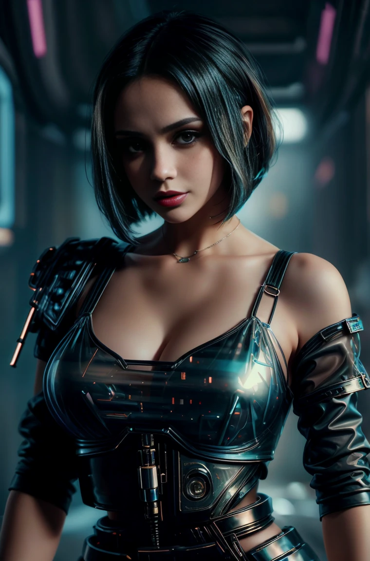 Beautiful girl in cyberpunk scene with medium breasts, medium-bob hair, (see-through, lower breasts), visible from dress, upper-body, portrait
