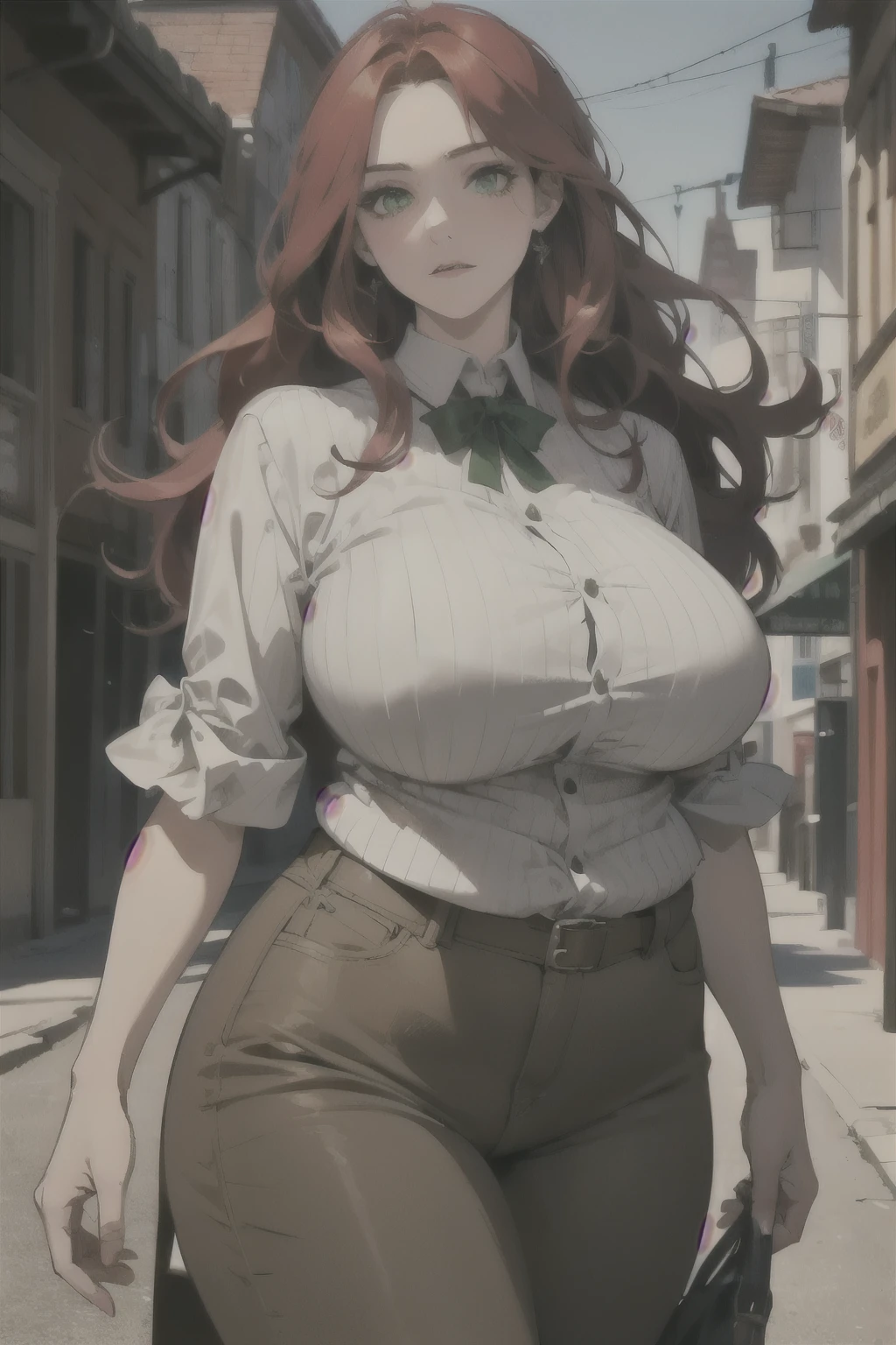 ((best quality)), ((masterpiece)), (detailed), perfect face, 1woman, mature woman, ((long hair, red hair, green eyes)), (Huge Tits: 1.2), (Chubby: 1.5), wild west atmosphere, cowgirl outfit, cowboy western, cowboy shot