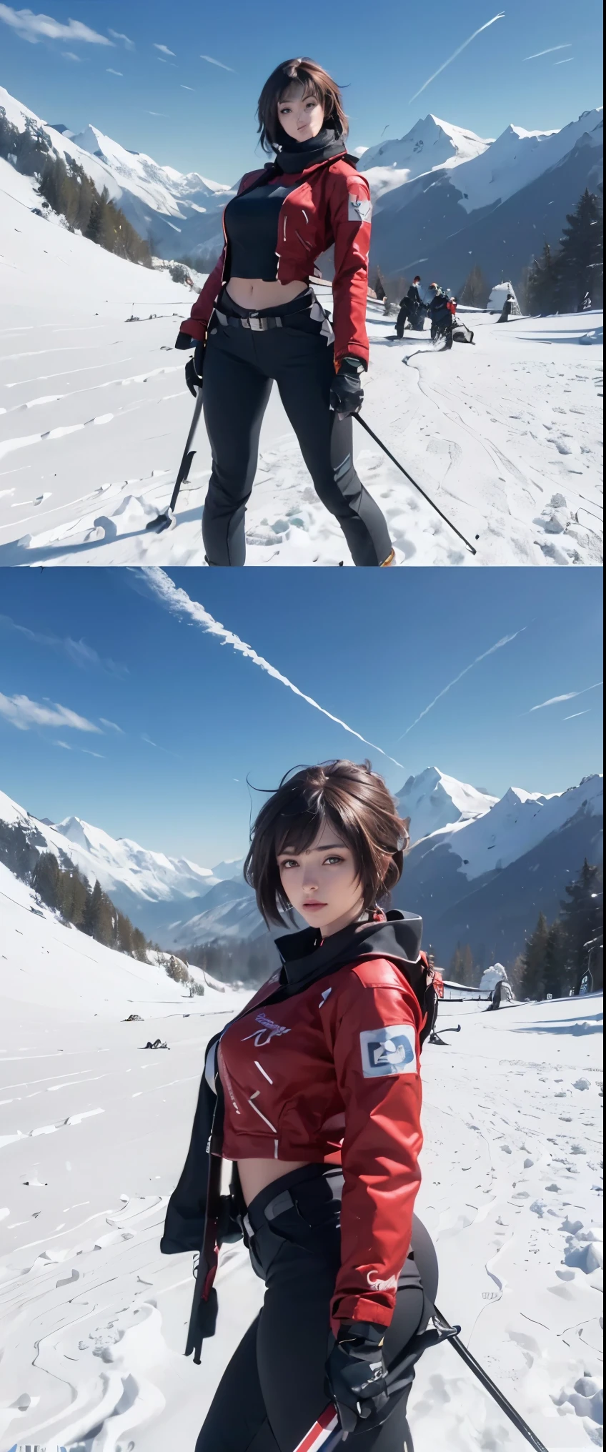 (highest quality), ((masterpiece), (detailed: 1.4), 3D, HDR (high dynamic range), ray tracing, NVIDIA RTX, super resolution, unreal 5, skier in red jacket skiing down a snowy slope with blue sky in background, skiing, stunning ski, stunning skied, whistler, profile shot, steep, profile pic, 4 0 9 6, reddit post, crisp detail, crisp smooth lines, crisp lines, instagram post, avatar image, mid shot, stunning image, up shot, motivational, poster shot, 1girl, view from the front, In dynamic poses, 