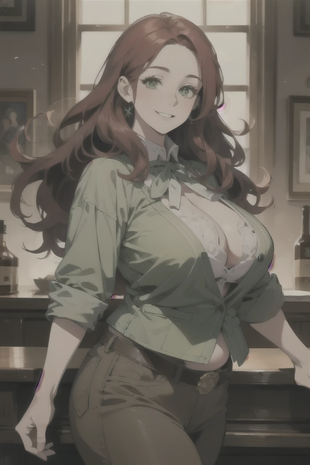 ((best quality)), ((masterpiece)), (detailed), perfect face, 1woman, mature woman, ((long hair, red hair, green eyes)), (Huge Tits: 1.1), (Chubby: 1.5), wild west atmosphere, cowgirl outfit, cowboy western, cowboy shot, smile, happy