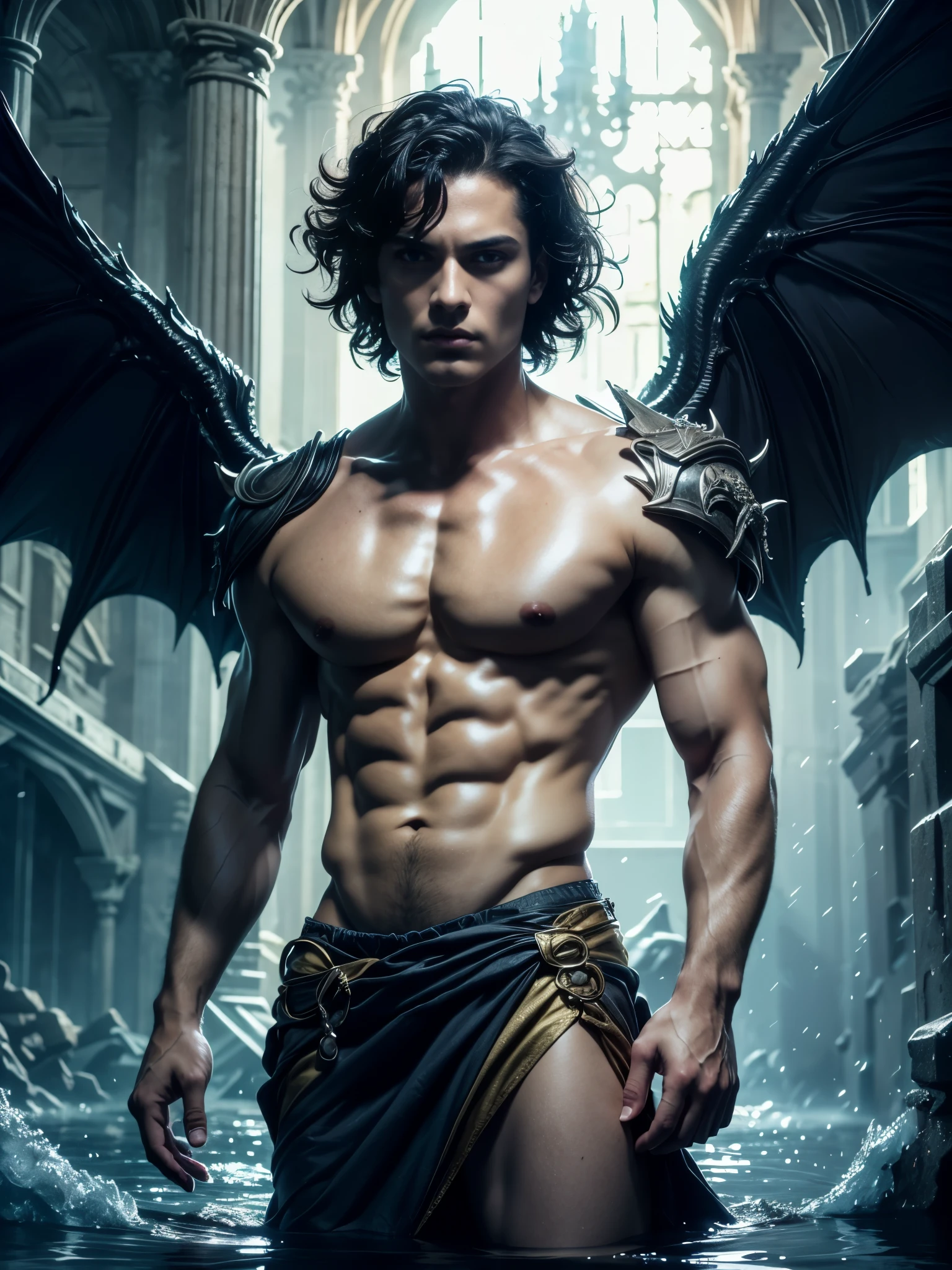 Photorealistic, ((best quality)), ((masterpiece)), (detailed), perfect face, the devil, masculine portrait of the devil, personification of The Devil, (evil look), superr pale skin, massive huge majestic black angel wings, black dragon horns, 18-year-old, super male model, handsome, tall, cute looking, evil look, dark look powerful, young male model, handsome mythical creature, super strong, muscular, fit, massive muscles, six pack, clean shave, blue eyes. wavy messy brown hair, short messy hair, messy wavy hair, shirtless, barechested, muscle, ripped, strong body, fit body, ancient linen Greek small skirt, antique black linen raped cloth skirt, Dark background 8k, high detailed, ultra-detailed, Stylish Pose, real skin texture, dark cinematic lighting, ruins gothic cathedral, ruins, fire, flooded