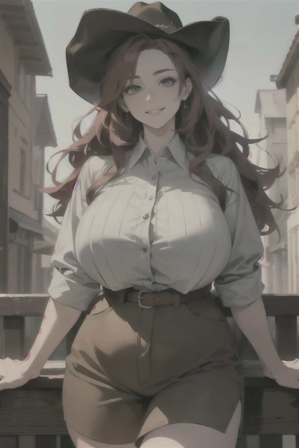 ((best quality)), ((masterpiece)), (detailed), perfect face, 1woman, mature woman, ((long hair, red hair, green eyes)), (Huge Tits: 1.2), (Closed Shirt: 1.3), (Chubby: 1.3), wild west atmosphere, (Cowgirl Outfit: 1.4), cowboy western, cowboy shot, smile, happy, cowboy hat