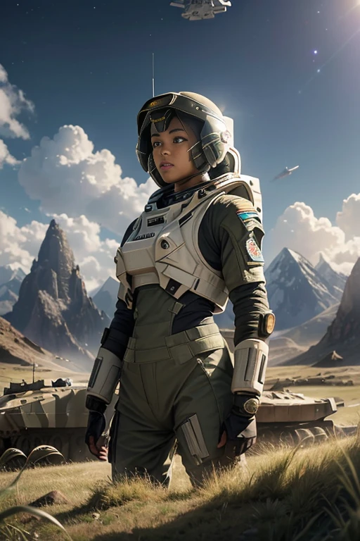 award winning (full body:0.8) (portrait photo:1.3) of a young female (sci-fi astronaut:1.3) with  a (army tank:1.4), (Stargate:1.4), looking out over a verdant alien planet, (mountains:1.2) (tall grass:1.4), rocks, fluffy clouds in the sky, trending on artstation, highly detailed, fine detail, intricate, (lens flare:0.6), (backlighting:0.8), (bloom:0.8), shallow depth of field