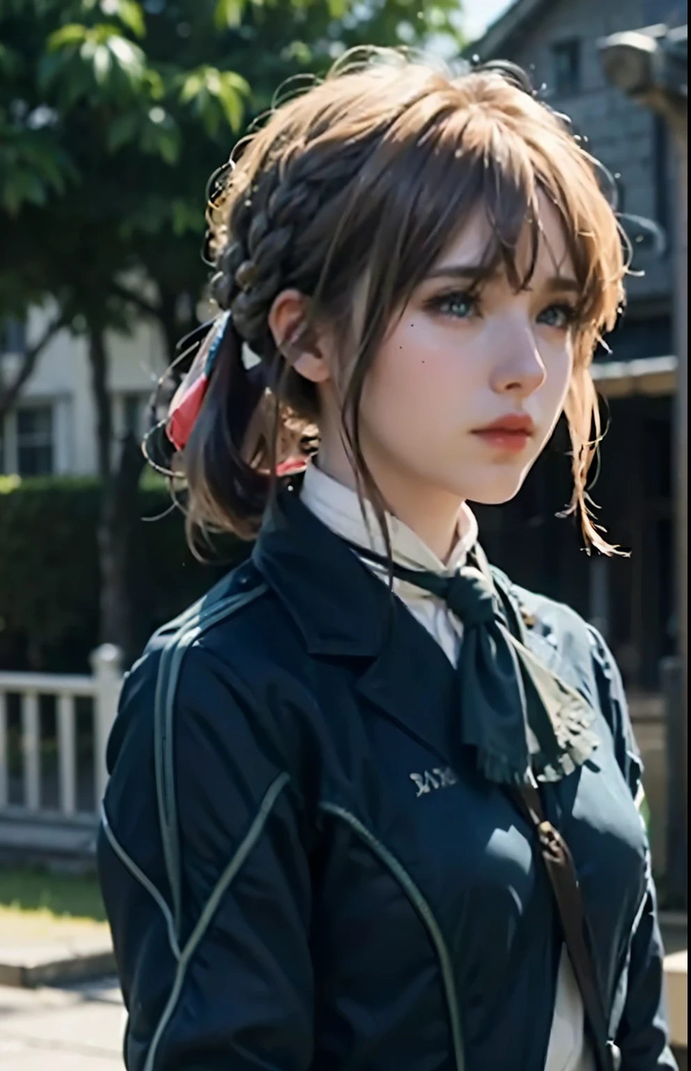 purple, 1 girl, alone, looking at the audience, blue eyes, blonde hair, ribbon, hair between eyes, Green gemstones, close your mouth, jacket, hair ribbon, Upper body, braid, outdoor, Sky空, Sky, cloud, red ribbon, blue Sky空, ascot, hair intake, blue jacket, brooch, white ascot, masterpiece ,HD