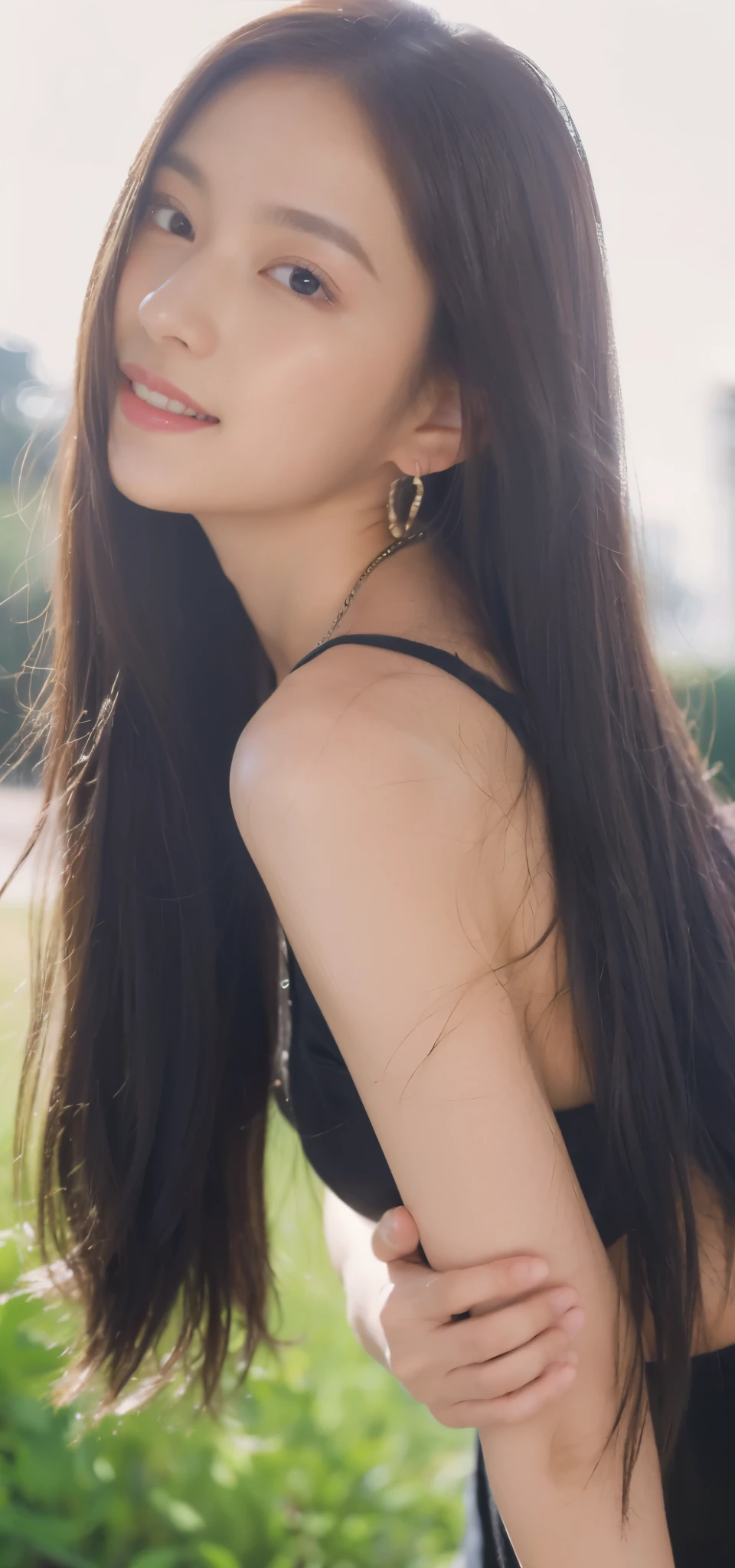 ((Masterpiece, Top image quality, high resolution、alone、shiny skin))(on the table, best quality, actual, super detailed, meticulous, high resolution, 8k wallpaper), Close-up portrait of a beautiful woman, Chariada, smiling, light brown messy hair, Perfect dynamic composition, 美丽meticulous的眼睛, Just like the cover of a fashion magazine, on campus