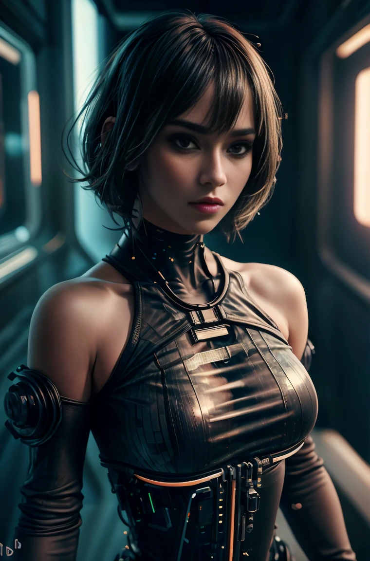 Beautiful girl in cyberpunk scene with medium breasts, medium-bob hair, (see-through, lower breasts),  visible from dress, upper-body, portrait