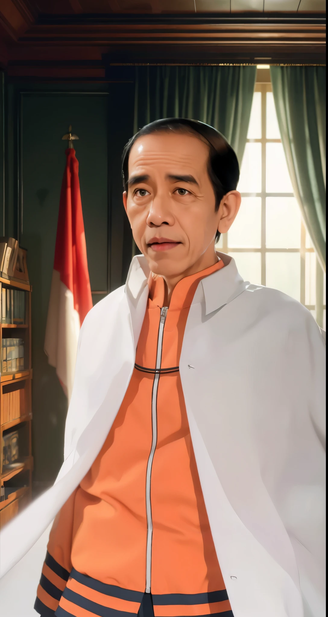 Real life adaption of this character, jokowi face,wear realistic same outfit, wear realistic same white cloak with white collar, realistic same background,realism, hyper realistic, realistic light, realistic shadow,(photorealistic 1:2)
