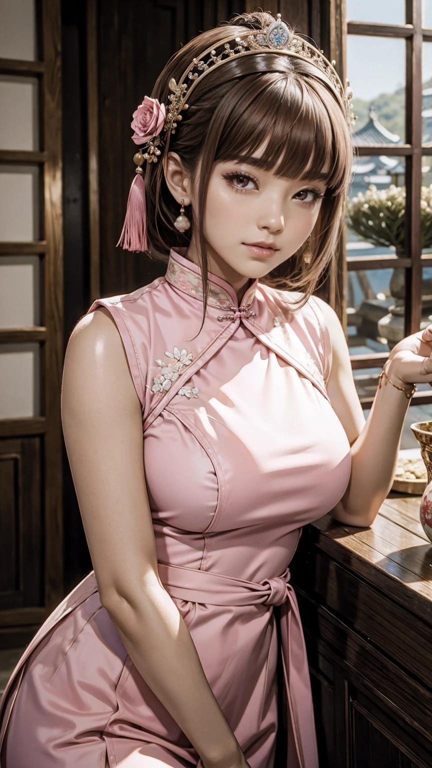 masterpiece, highest quality, Waterfront, banquet, 1 female, mature woman, elegant, Chinese style, ancient China, younger sister, Royal younger sister, Happy, Meatball Head, light brown hair, pink eyes, Gorgeous headwear, pale pink lips, pink clothes, Threads, like clothing, intellectual, full Bangs, Flat bangs, Flower balls, delicate face,up style