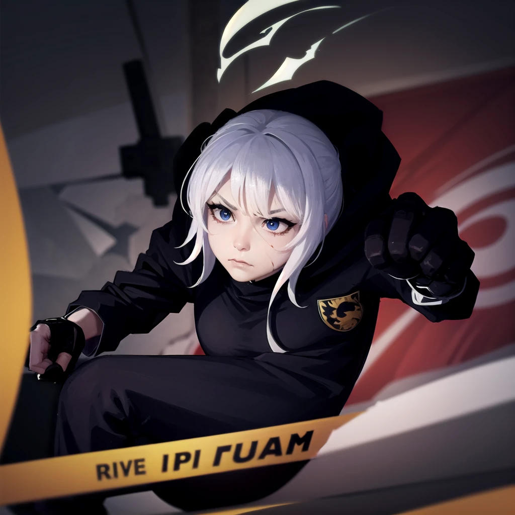 Fighting girl, epic, with particles, HD, 8k, white hair, with black cape, line marks on the face, serious face, closed mouth, casual pose, hands in Bruce Lee position, tactical pants, black hood, black lines under eyes, black polar diver, eyes with marked rings, detailed face, blood on the lips, full body,