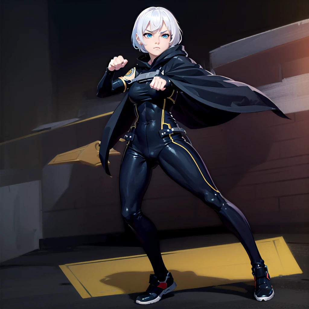 Fighting girl, epic, with particles, HD, 8k, white hair, with black cape, line marks on the face, serious face, closed mouth, casual pose, hands in Bruce Lee position, tactical pants, black hood, black lines under eyes, black polar diver, eyes with marked rings, detailed face, blood on the lips, full body,