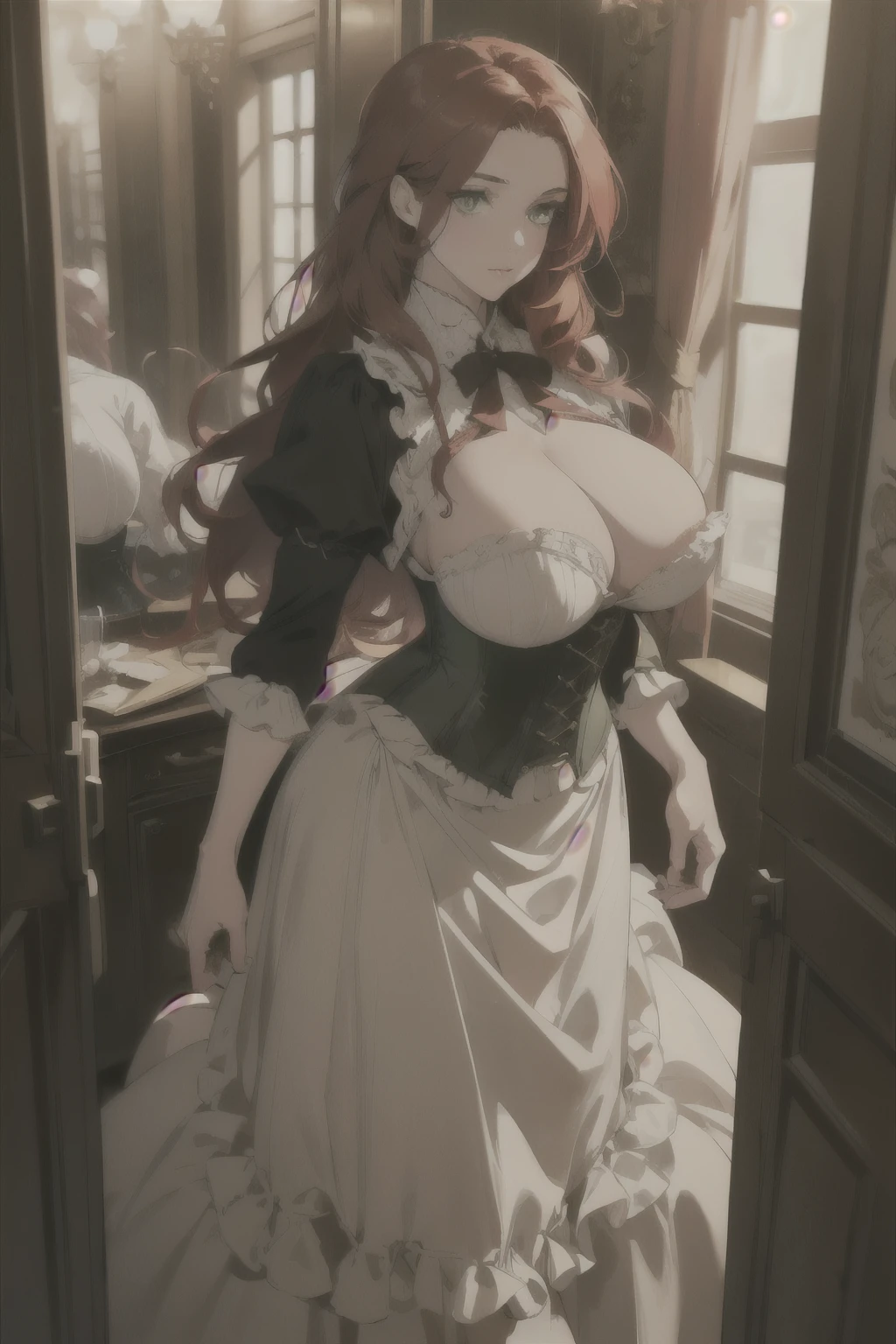 ((best quality)), ((masterpiece)), (detailed), perfect face, 1woman, mature woman, ((long hair, red hair, green eyes)), (Huge Tits: 1.2), (Covered Tits: 1.5), (Chubby: 1.3), wild west atmosphere, brothel, (Brothel Gown: 1.3), (Full Skirt: 1.3), (Corset: 1.3), (Saloon Girl: 1.2)