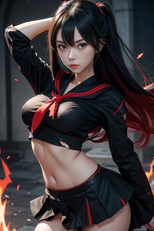 beautiful, masterpiece, best quality, extremely detailed face, perfect lighting,1girl, solo, matoi ryuuko, black serafuku, black skirt, red hair, senketsu, torn clothes, underboob