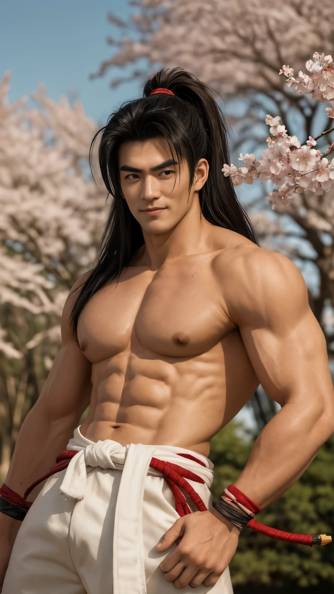 (masterpiece,  best quality:1.2),  solo,  man,  Haohmaru,  1guy,  long hair,  spiked hair,  ahoge,  dougi,  black and white dougi,  bracelets,  red belt,  pants,  cowboy shot,  star tattoos,  sakura tree,  romantic,  golden hour,  smirk,  masterpiece,  perfect face,  perfect picture,  detailed eyes,  sharp focus, High detailed view, , High detailed , best quality, (best quality,