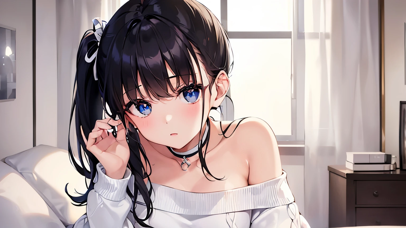 ((White off-the-shoulder sweater)) 、1 girl、 black hair ponytail、beautiful eyes、black choker、Bedroom、Superlative quality、((Top-notch image quality))、Neat and clean girls、beautiful girl、erotic expression、cute、I can see the whole body、Dainty girl、