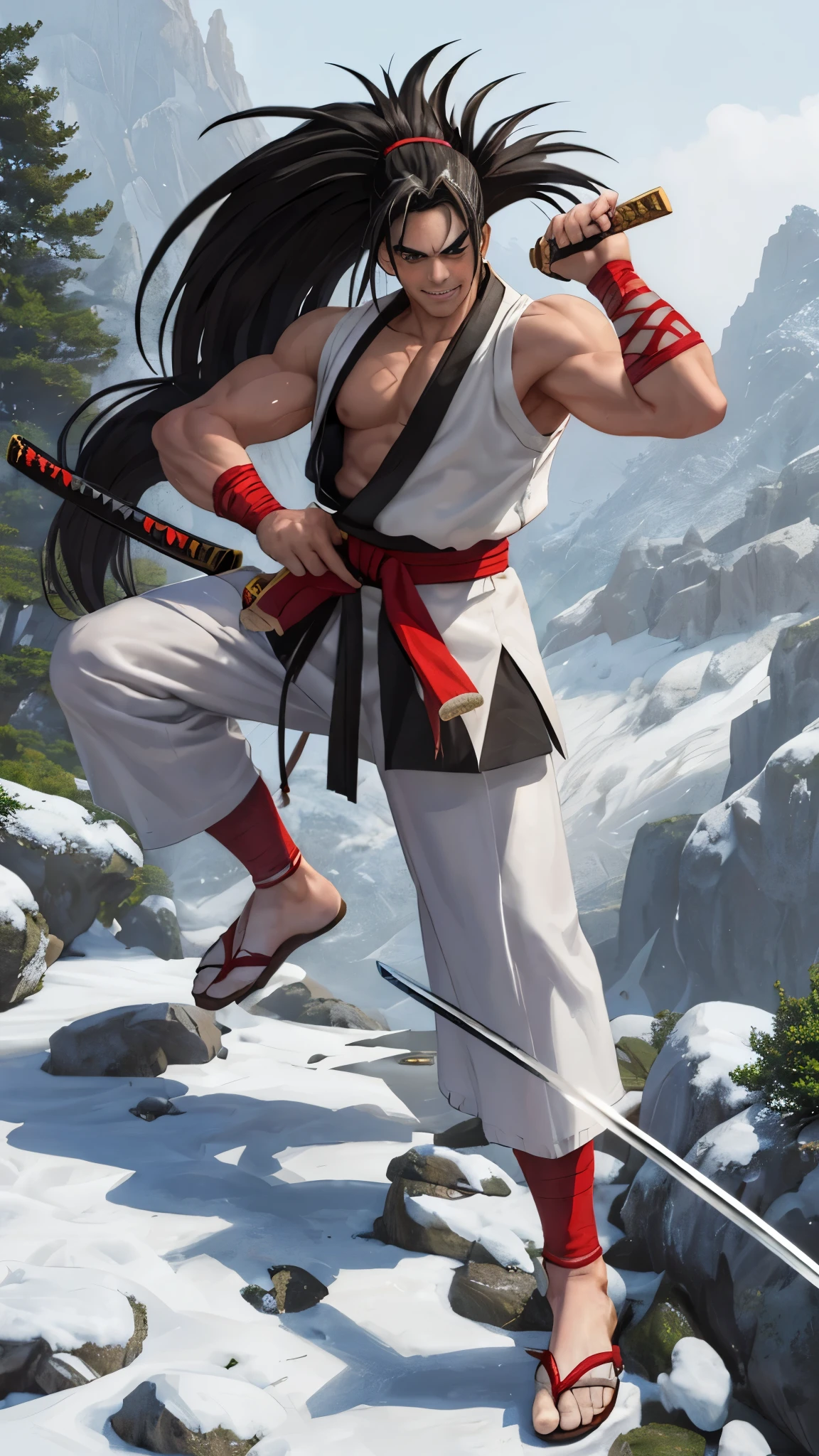 (masterpiece,  best quality:1.2),  solo,  Haohmaru,  1guy,  long hair,  spiked hair,  ahoge,  dougi,  black and white dougi,  braceleta,  red belt,  holding sword katana,  pants,  socks,  flipflops,  geta sandals,  full body,  fighting pose,  at the mountain,  pine tree,  snow,  smirk:1.4,  masterpiece,  perfect face,  perfect picture,  detailed eyes,  sharp focus, High detailed view, , High detailed,