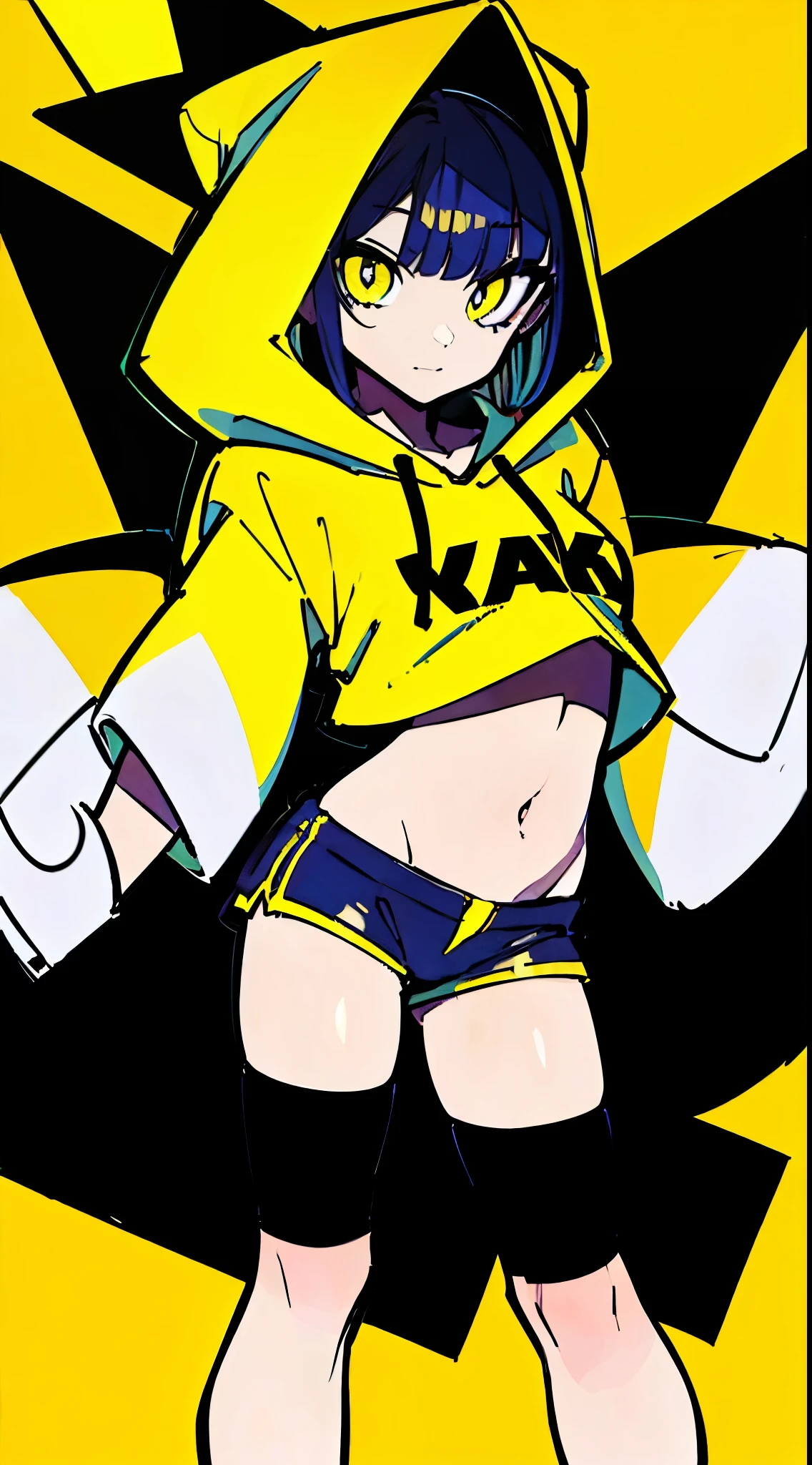 (masterpiece, highest quality:1.6), alone, thick outline, (simple background, Dark yellow background, monochrome, dark yellow theme:1.2), official art, Key Visual, 8K, disorganized, whole body, (Unique hair, Oversized Hoodies, hot pants, arch back, short torso:1.2), belly button, thighs, cowboy shot, HDR, sharp focus, High resolution, most detailed, very detailed, Super detailed, finely, detailed eyes and face, sharp pupils, realistic student