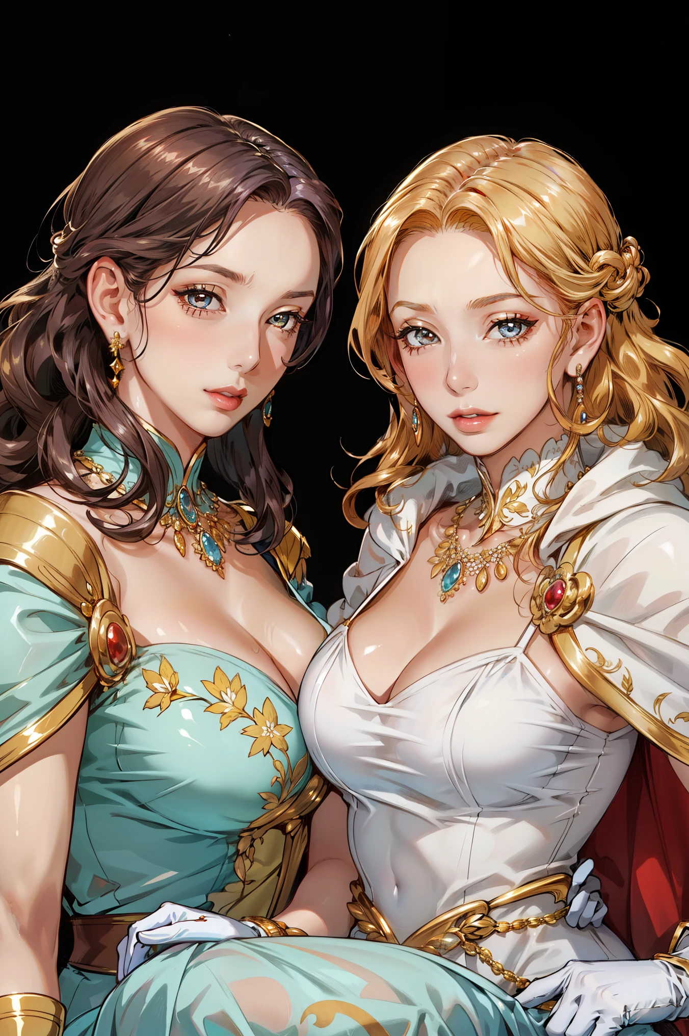 (2girls aligned:1.2), (confrontation), (looking at viewer), (golden), jewelry, gorgeous, splendid, luxurious, aristocrat, noble, arrogant, goddess, queen, curly hair, forehead, embroidery, white satin dress and gloves and cape, gleaming skin, face focus, (portrait:1.2), Simple Background, best quality, high resolution, all intricate, mature women