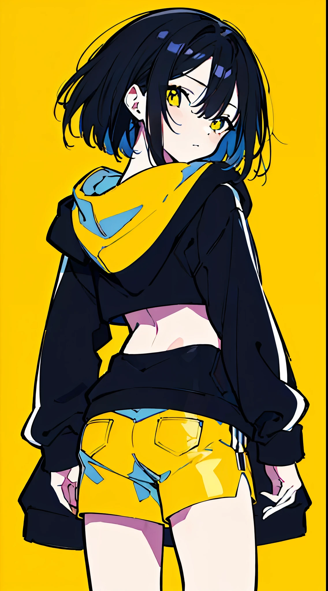 (masterpiece, highest quality:1.6), alone, thick outline, (simple background, Dark yellow background, monochrome, dark yellow theme:1.2), official art, Key Visual, 8K, disorganized, whole body, (Unique hair, Oversized Hoodies, hot pants, arch back, short torso:1.2), belly button, thighs, cowboy shot, HDR, sharp focus, High resolution, most detailed, very detailed, Super detailed, finely, detailed eyes and face, sharp pupils, realistic student